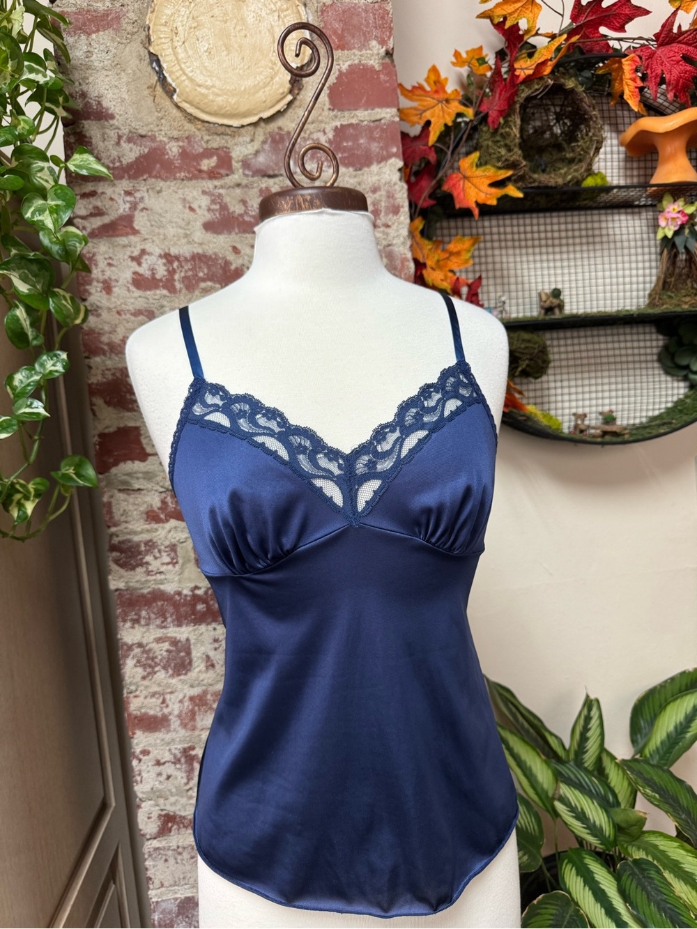 Navy Satin Lace Trim Cami Tank Small